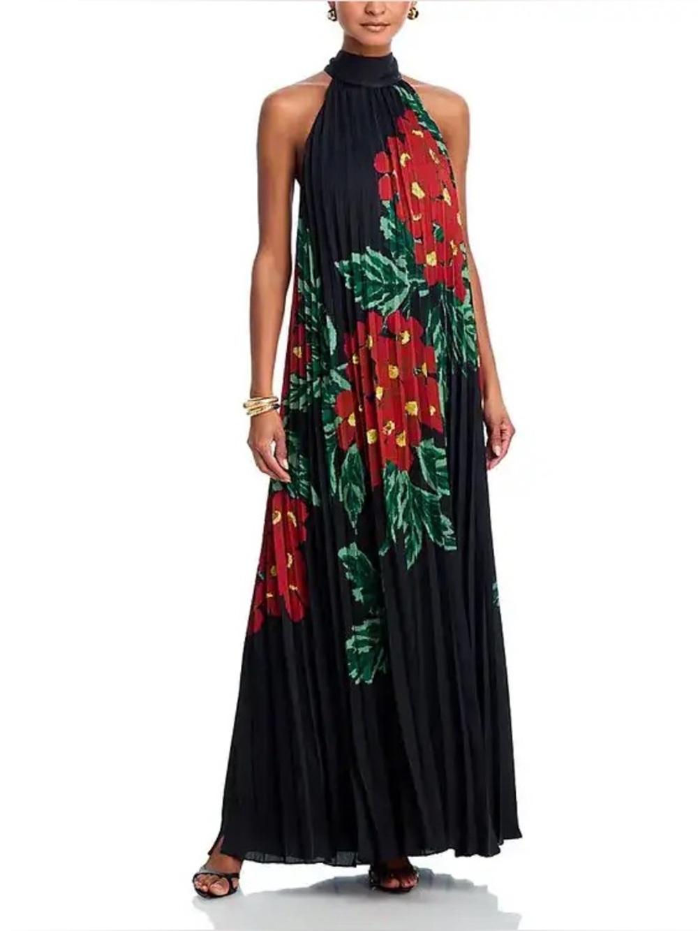 Ungaro Lester Pleated Halter Neck Black Maxi Dress with Red Floral Print
